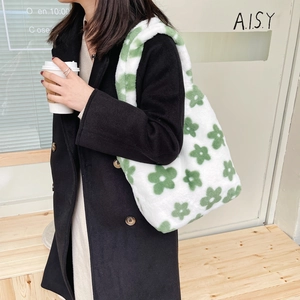 Borsa Tote in Peluche da Donna Stampa Floreale Verde Fresco Borsa a Mano in Pelliccia Sintetica Morbida Invernale Casual Grande Capacità Borsa a Tracolla