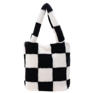 Minimalist black and white checkerboard plush tote bag with soft faux fur texture