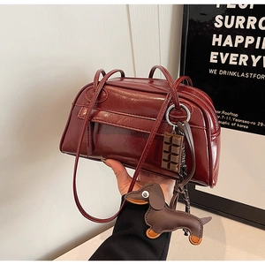 Retro Shiny PU Leather Shoulder Bag For Women Vintage Boston Bag With Dachshund Chocolate Charms Chic Autumn Fashion Handbag