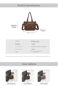 Detailed size chart and specifications for leopard print tote bag with adjustable strap