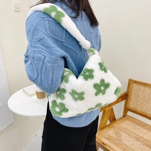 Women's Fashion Plush Floral Handbag Winter Soft Faux Fur Tote Bag White Green Flower Pattern Crossbody Bag Casual Underarm Bag For Lady