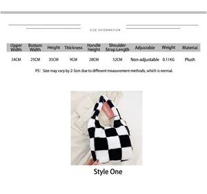 Sac fourre-tout en peluche à damier noir et blanc avec dimensions et guide des tailles