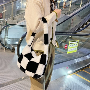 Minimalist black and white checkered plush tote bag for women in soft fleece material