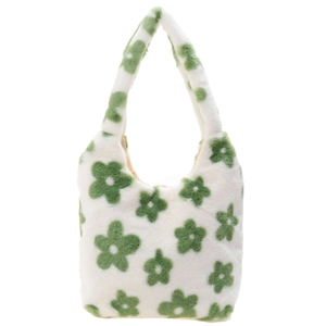 Borsa in peluche bianca con motivo floreale verde e morbida consistenza in ecopelliccia