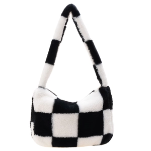 Minimalist black and white checkerboard plush handbag with soft faux fur texture