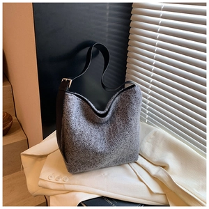 Minimalist grey tweed shoulder bag for women with black leather strap and silver buckle