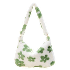 Plush floral tote bag in white and green with soft faux fur texture for winter