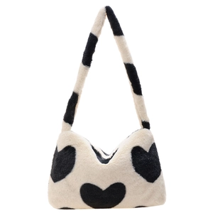 Sac à épaule en peluche avec motif de cœur en fausse fourrure noire et blanche