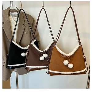 Women's autumn PU shoulder bags with plush trim and cute fur balls in three colors
