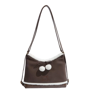 Brown PU leather crossbody bag with white faux fur trim and cute pompom bow charm