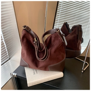 Large dark brown frosted PU leather Hobo tote bag with contrast stitching and wide strap