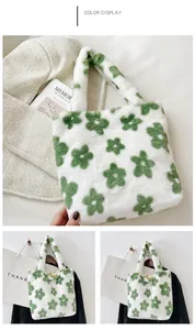 Chic fuzzy tote bag with green floral pattern on white plush faux fur for winter
