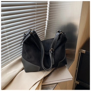 Large black contrast matte PU leather tote bag with adjustable strap for commuting