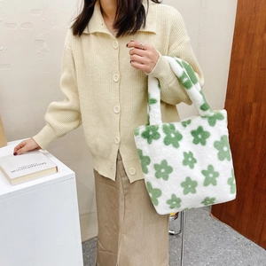 Faux fur plush tote bag with green floral pattern for autumn and winter outfits