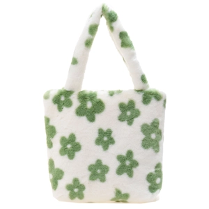Chic white fuzzy tote bag featuring green flower pattern with soft plush handles