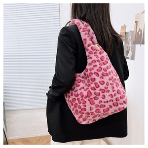 Plush pink leopard print shoulder tote bag for women featuring soft faux fur material