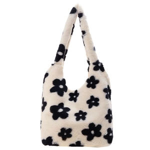 Cute black and white floral plush tote bag with furry texture for women's autumn style