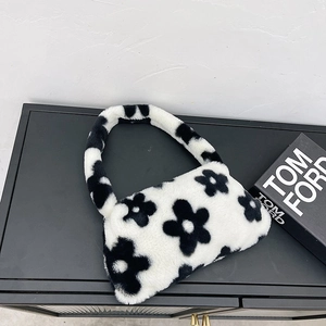 Chic black and white floral plush underarm bag with soft faux fur and simple shoulder strap