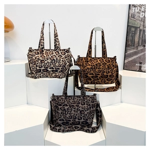 Vintage leopard print canvas tote bag in three colors with adjustable shoulder straps