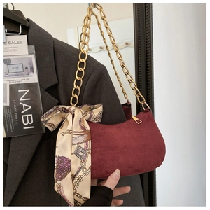 Vintage Women PU Leather Hobo Underarm Bag Gold Metal Chain Printed Satin Scarf Decoration Casual Daily Shoulder Handbag