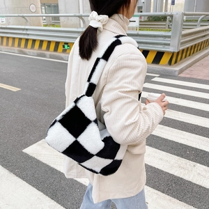 Chic black and white checkerboard faux fur handbag for autumn winter shoulder wear