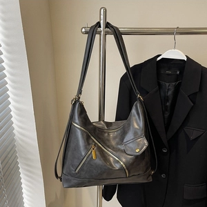 Vintage dark gray PU leather tote bag with decorative zippers and functional shoulder straps
