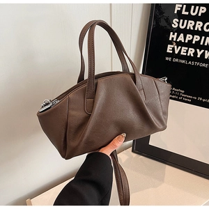 Deep brown ruched PU leather crossbody bag with top handles and adjustable strap