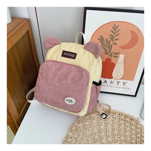 Stylish corduroy backpack in yellow and purple with cute bear ears and straps
