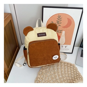 Cute bear-shaped corduroy backpack in beige and brown with adjustable white straps