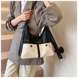 Chic winter PU leather crossbody bag with white plush pockets and black button detail
