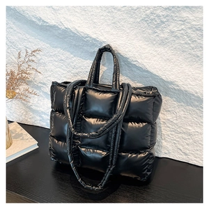 Women Fashion Quilted Puffer Tote Bag Large Capacity Padded Shoulder Handbag For Autumn Winter Commuting Minimalist Fabric