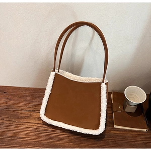 Women Vintage Suede Lamb Wool Patchwork Tote Bag Large Capacity Autumn Winter Casual Handbag Solid Color Shoulder Bag