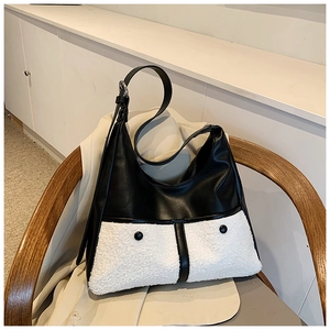 Winter faux leather and plush patchwork crossbody tote bag with black button accents