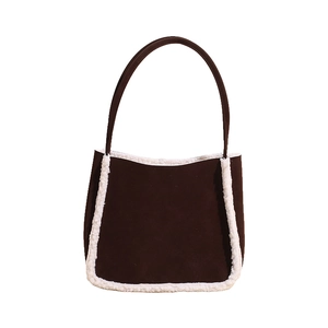 Fashion faux shearling tote bag in dark coffee suede with white plush trim and shoulder strap