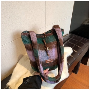 Chic color-block plush tote bag in green, purple and brown stripes with YAMANM logo