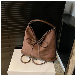 Women Large Capacity Tote Bag PU Leather Suede Patchwork Shoulder Bag With Bow Decoration Casual Daily Commuter Hobo Handbag