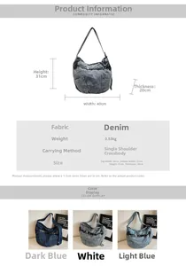 Detailed size chart for denim crossbody bag showing dimensions 40x31x20cm and features