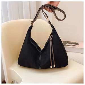 Retro high-capacity black canvas Hobo tote bag with contrast stitching and leather strap