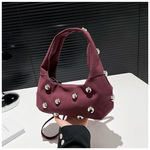 Niche Design Suede Underarm Bag For Women Fashion Silver Studded Ball Rivet Shoulder Bag Half Moon Hobo Bag Y2K Punk Messenger Handbag