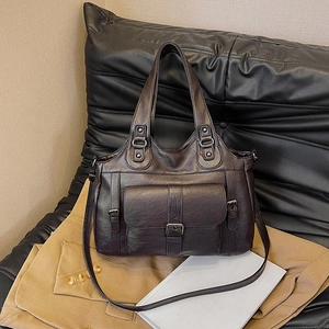 Vintage dark brown PU leather handbag with front buckle pocket and detachable strap