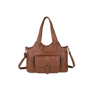 Fashionable dark brown PU leather handbag with adjustable crossbody strap and retro buckle