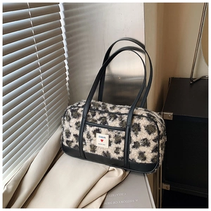 Women Leopard Print Plush Shoulder Bag Faux Fur PU Leather Boston Bag Casual Large Capacity Crossbody Bag Handbag
