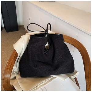 Fashion Large Capacity Plush Lamb Wool Tote Bag Women Urban Minimalist PU Leather Trim Solid Color Casual Shoulder Bag