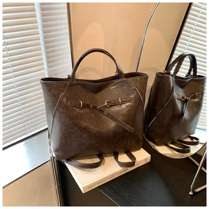 Retro large grey oil wax leather tote backpack with vintage metal hardware for women