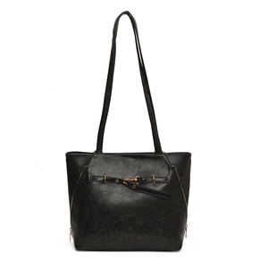 Retro black oil wax leather tote bag with gold metal buckle and dual shoulder straps