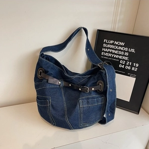 Fashionable dark blue denim hobo bag with leather straps and silver buckles for women