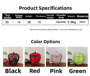 Size guide with dimensions and weight for the heart-shaped ita bag in four colors