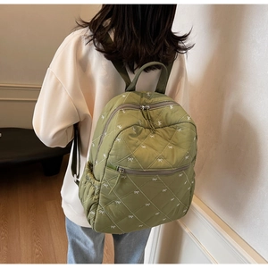 Olive green quilted nylon backpack with cute white bow embroidery for school girls