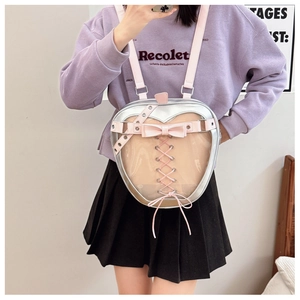 Detail of silver apple-shaped ita bag featuring a pink lace-up bow and transparent window