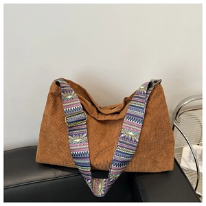 Sac Cabas en Velours Côtelé pour Femmes Grande Capacité Motif Ethnique Vintage Bandoulière Large Sac à Épaule Hobo